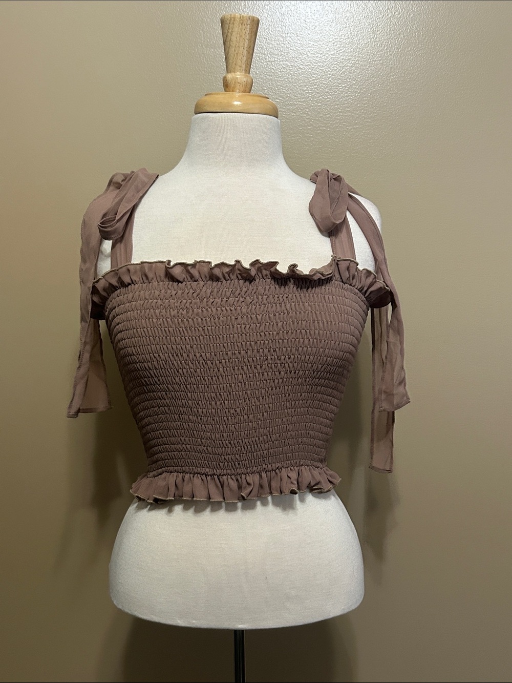 Mimosa Smocked Tie-Strap Crop Top in Taupe